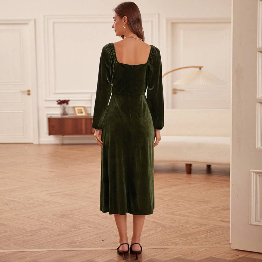 ARMYGREEN FRENCH RETRO SLIM SQUARE NECK A-LINE VELVET DRESS for wholesale on Faire2