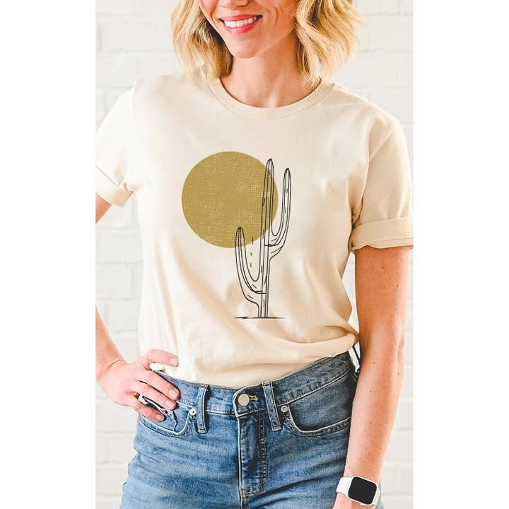 Select Apparel - Vente T-shirt sérigraphié – femme - T-shirt doré métallisé à motif de soleil et de cactus Desert0