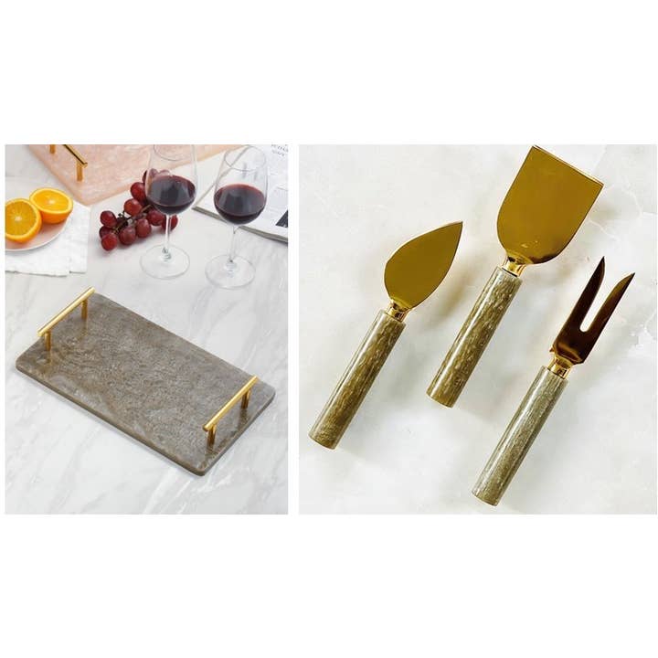Brown Resin Serving Board with Cheese Tools Combo for wholesale by Tiramisu