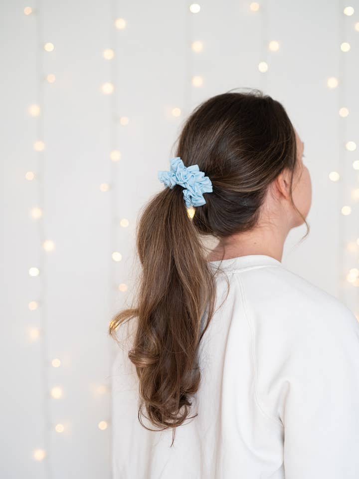 Bright Blue Ruffle Chiffon Scrunchie for wholesale by Wallflower