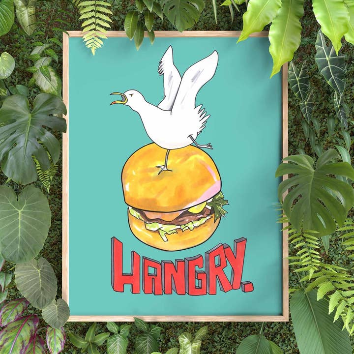 Hangry Seagull 8x10 i. Kunst Print for engroshandel hos quirky burp illustrations