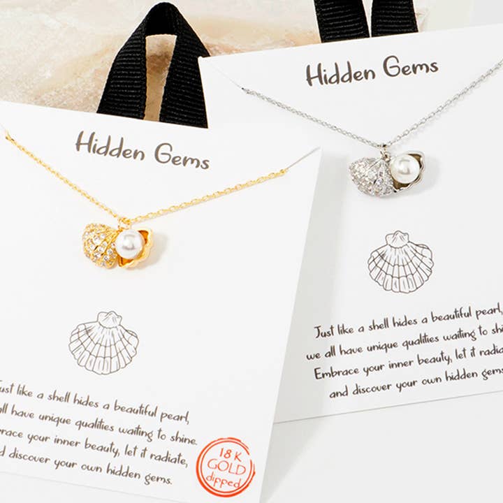 Hidden Gems Shell Pearl CZ Necklace  for wholesale by Fashion City