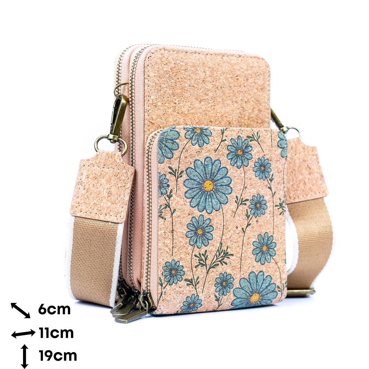 Meninas Bonitas Cork - Wholesale Crossbody Bag - Women's - Natural Cork Women's Crossbody Phone Bag with Triple Zipper Design BAG-23114