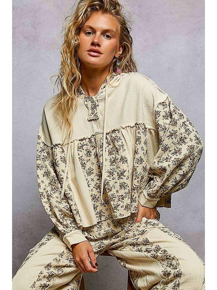 Pol Clothing - Wholesale Hoodie - Women's - Vintage Washing Double Gauze Floral Printed Hoodie Top6