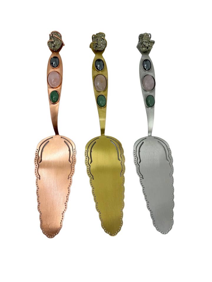 Crystal Cake Server – Pyrite, Jade & Rose Quartz for wholesale by Ariana Ost