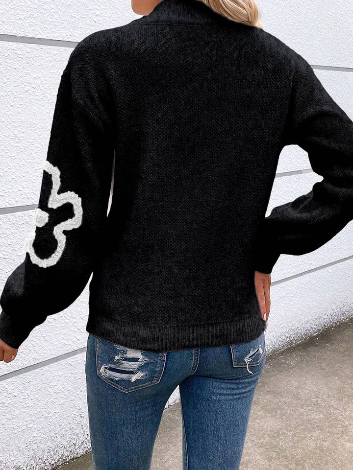 FULL TIME PURCHASE - Wholesale Knit Sweater - Women's - Contrast Flower Half Zipper Stand Neck Sweater