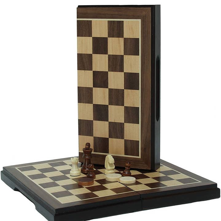 Wood Expressions - Wholesale Board Game - WE Games Magnetic Folding Chess & Checkers Set - Walnut Wood Finish - 8 inch for travel