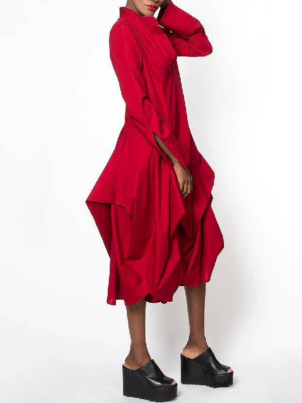 Red Stylish Loose Stand-Collar Long Sleeves Midi Dress for wholesale on Faire2