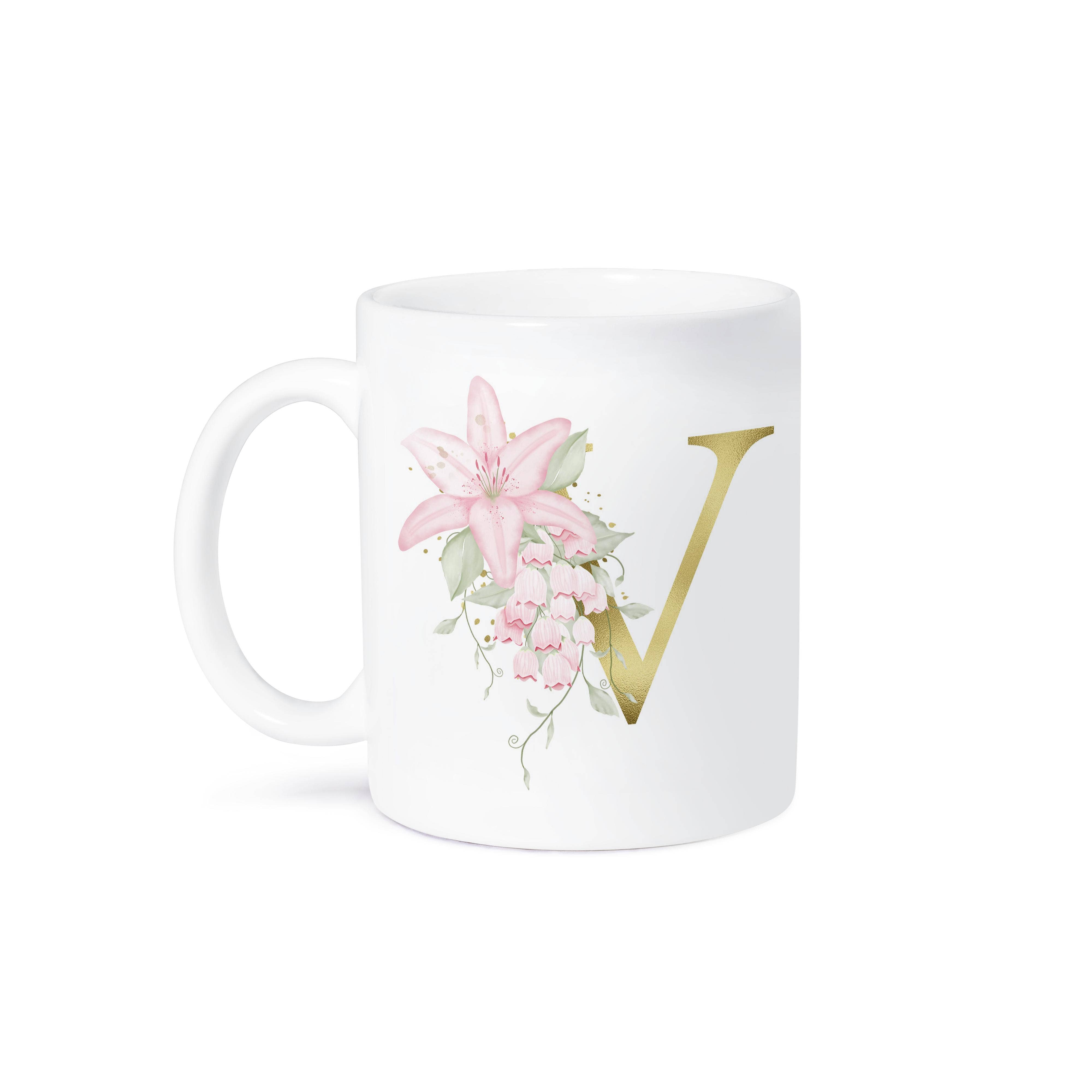 3dRose – wholesale Coffee mug – 3dRose, Pretty Pink Lily Floral Image Of Gold Monogram Initial V, Mug8