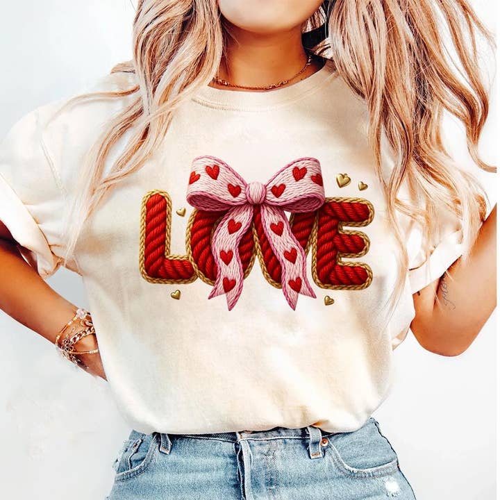 Faux Yarn LOVE Valentine Shirt, Coquette Bow Love Sweatshirt for wholesale by DLT Ecommerce