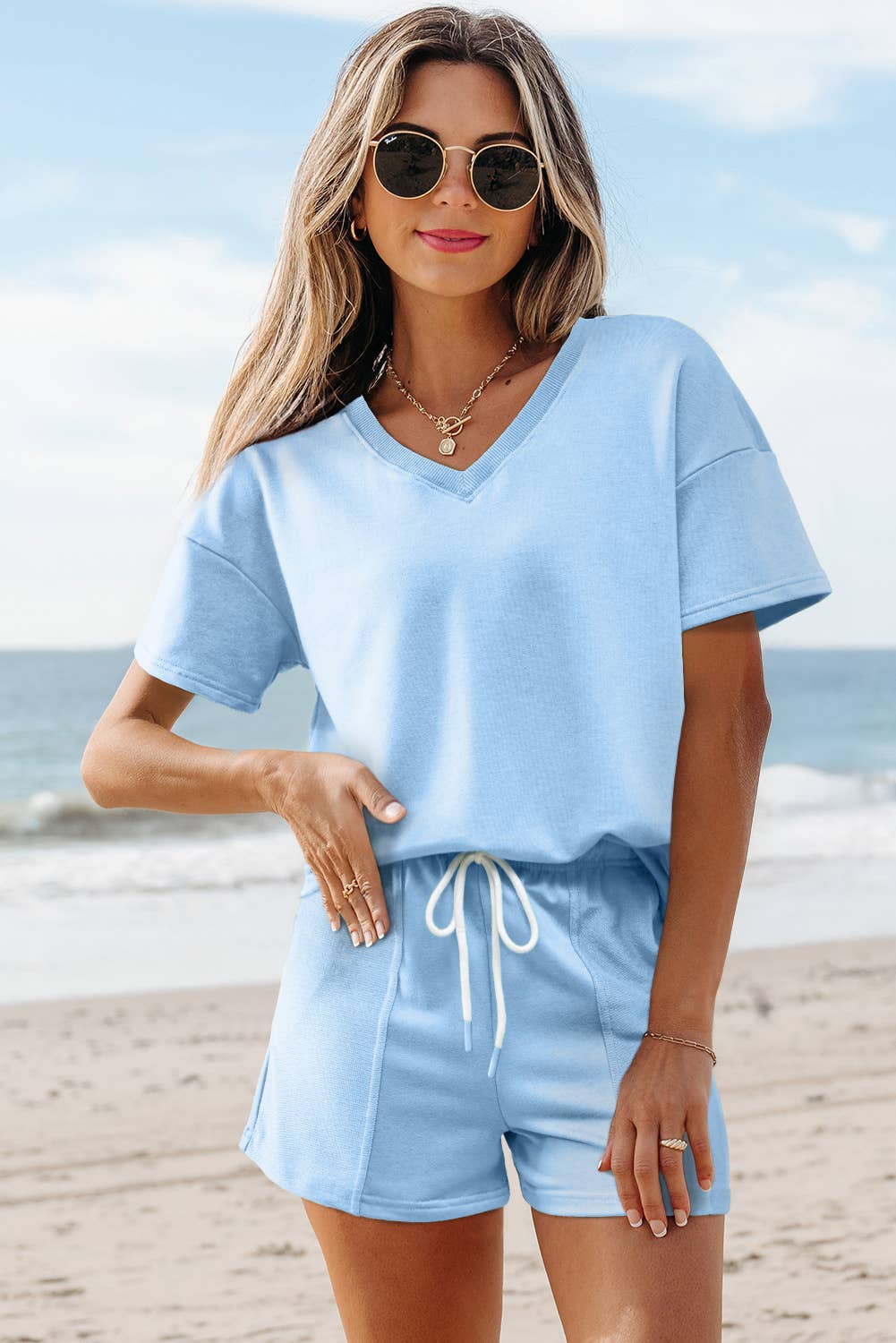 Aapparella - Wholesale Lounge Set - Women's - Comfy V Neck Tee & Pockets Shorts Set | S-XL9