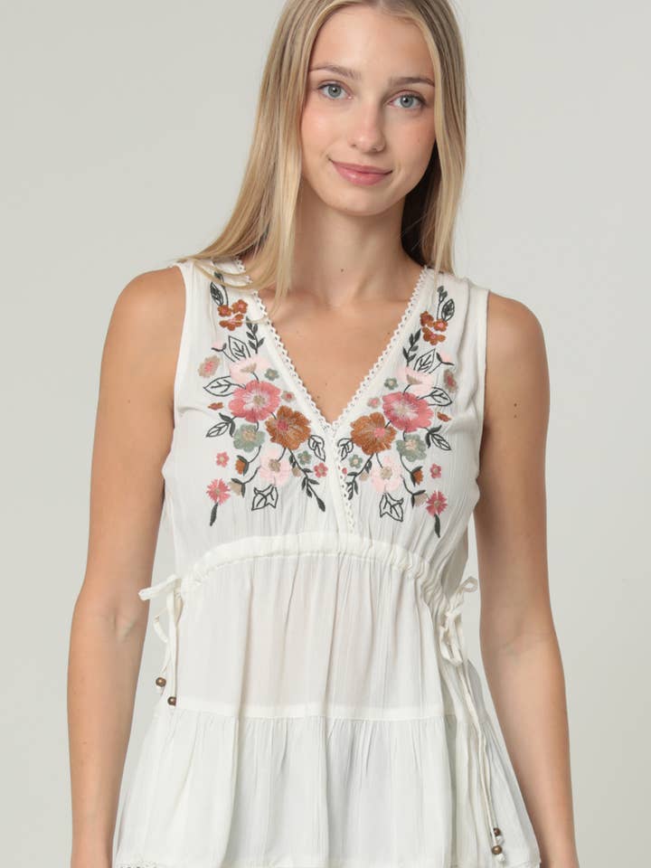 F2A36-EMB EMBROIDERED V NECK TANK TOP WITH SIDE TIES AND LAC for wholesale by ANGIE