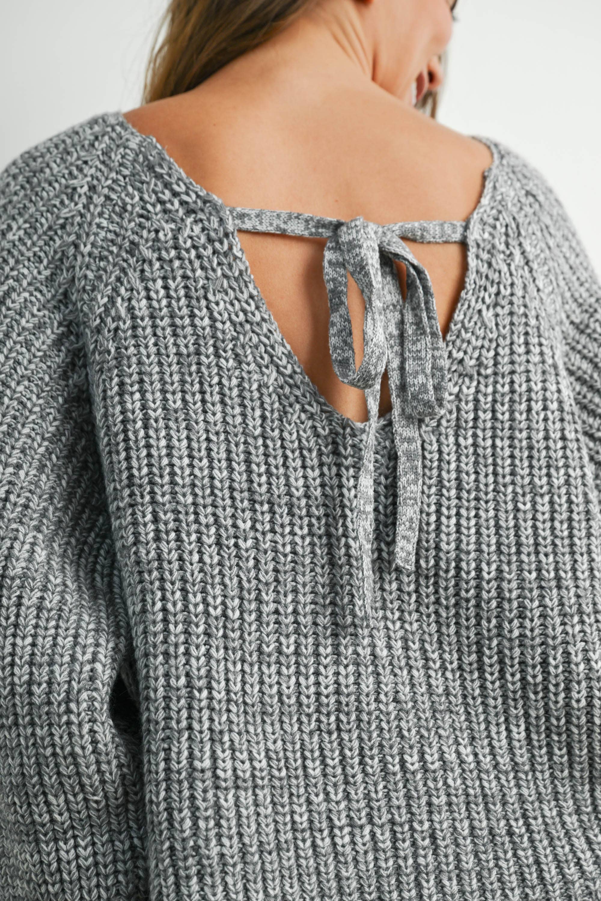 BUTTERMELON - Wholesale Knit Sweater - Women's - Tie-Back V-Neck Drop Shoulder Long Sleeve Top - BMW78103