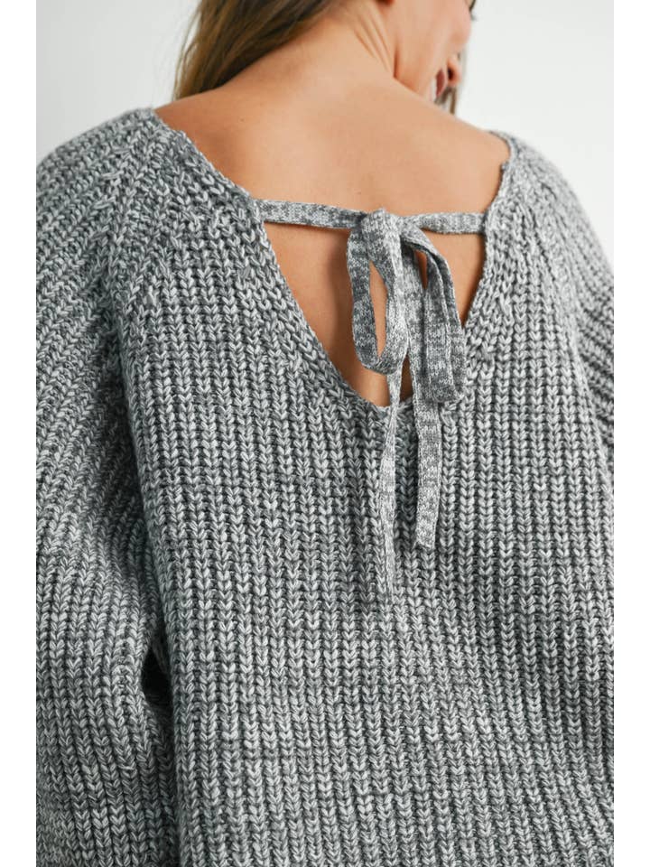 BUTTERMELON - Wholesale Knit Sweater - Women's - Tie-Back V-Neck Drop Shoulder Long Sleeve Top - BMW78103