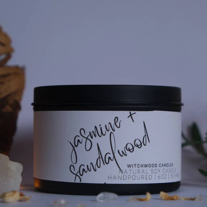 Jasmine and Sandalwood scented soy candle, matte black tin for wholesale by Witchwood Candles