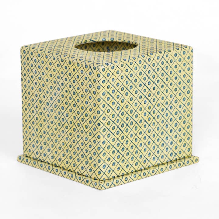 BLOCK PRINTED TISSUE BOX - DOT & GRID YELLOW for wholesale by Craft Boat