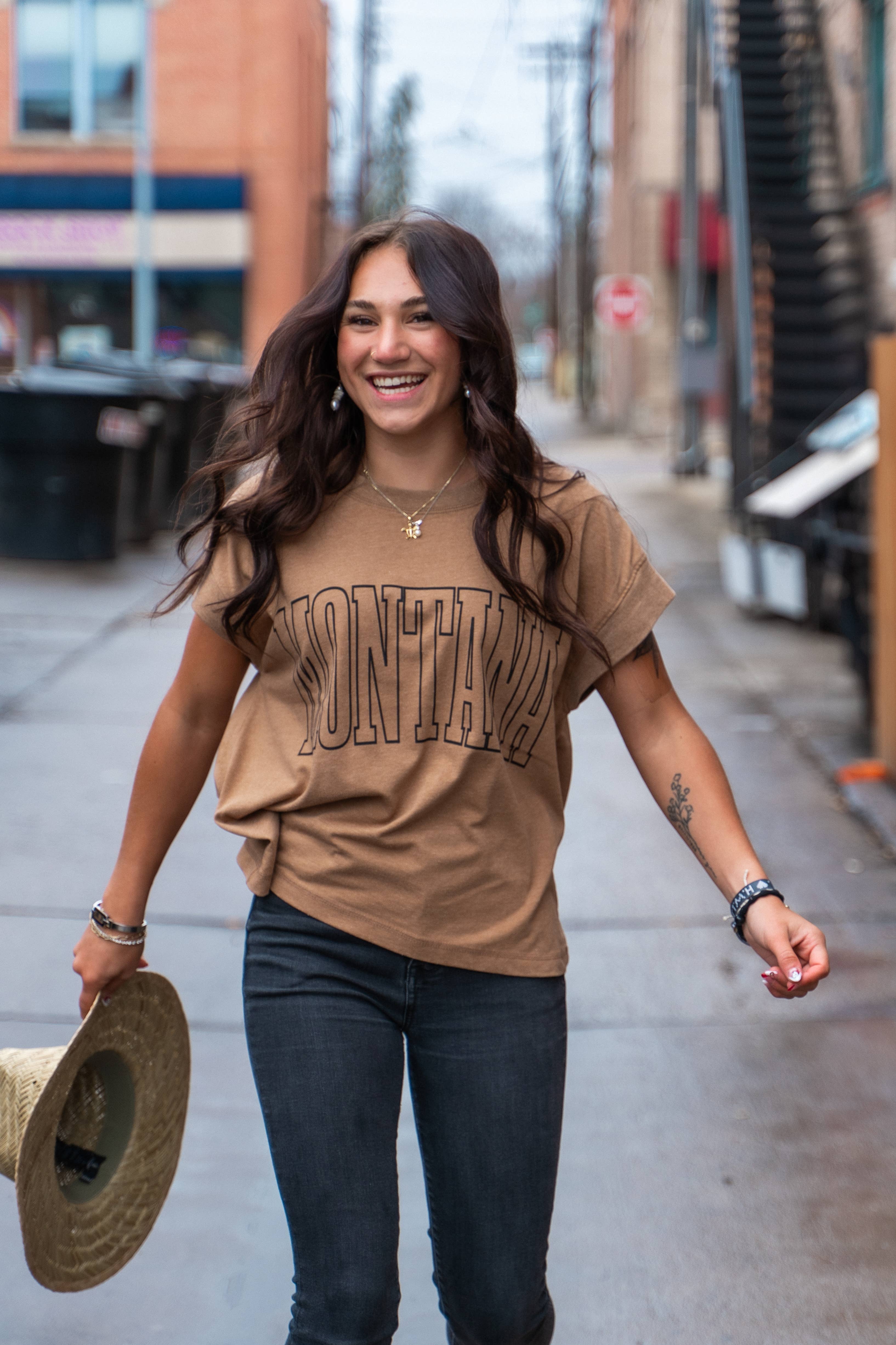The Montana Scene - Wholesale Screen Printed T-Shirt - Women's - Montana Ladies Relaxed Tee - Washed Coyote Brown0