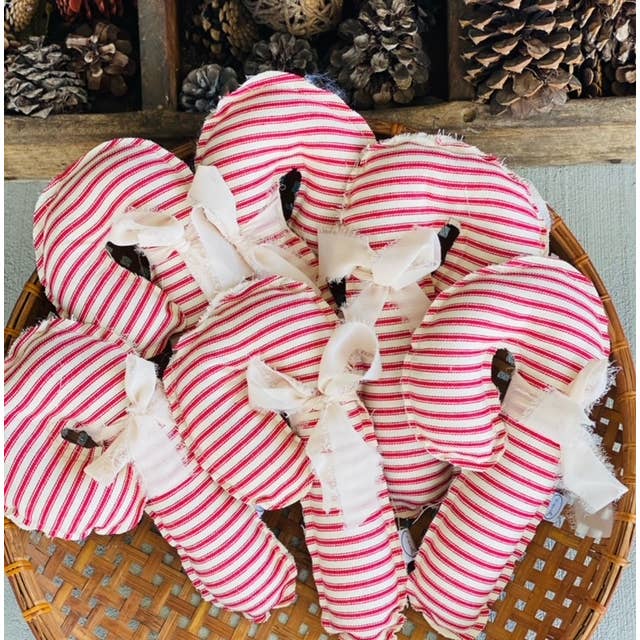 A Gnome on the Roam - Wholesale Christmas Decoration - Fabric Candy Canes in red and white ticking and ribbon1