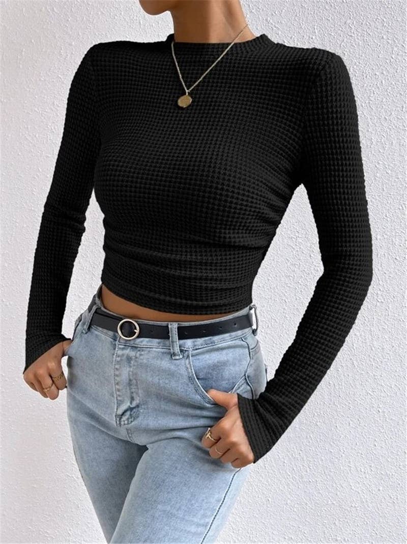 Rosa Clothing - Wholesale Knit Top - Women's - Waffle slim fit crewneck long sleeve t-shirt4