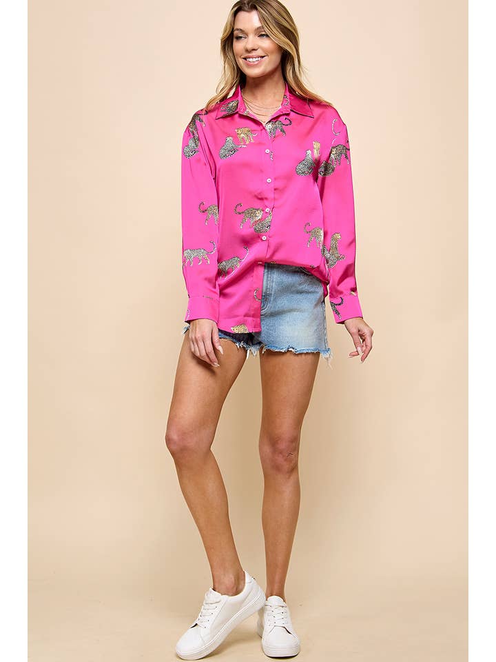 Rose Red Cheetah Print Button Up Shirt for wholesale on Faire