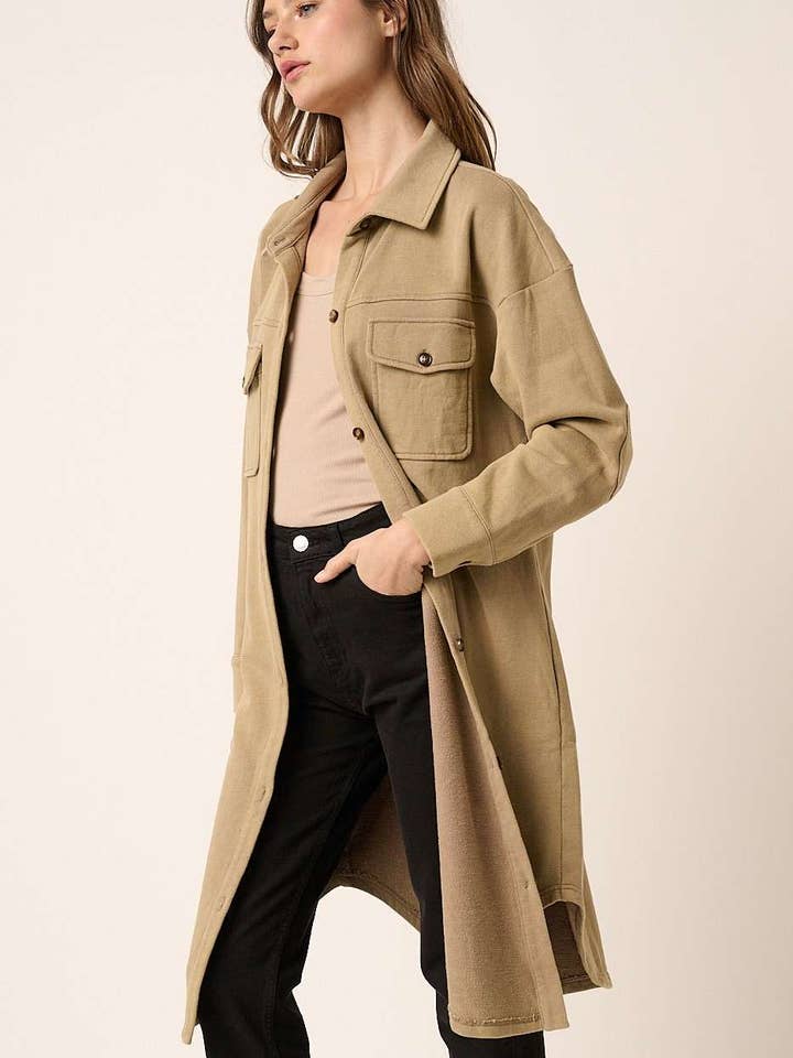 TAUPE ACID WASH FRENCH TERRY SHACKET for wholesale on Faire2