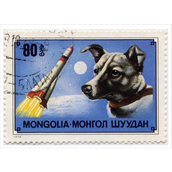 Timbre mongol en l'honneur de Laïka, 1er chien dans l'espace, 1978 pour la vente par Retrospect Greeting Cards