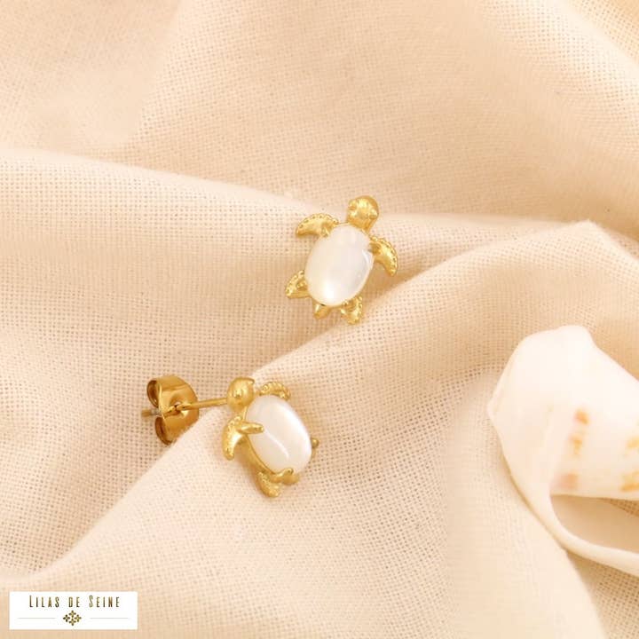 Lilas de Seine - Venta al por mayor Pendientes colgantes - Pendientes de acero tortuga cabujón piedra nácar 03241951