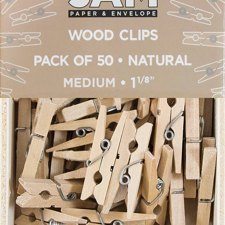 JAM PAPER - Wholesale Clothes Clips - Wood Clip Clothespins, Medium, 1 1/8 Inch, Natural, 50/Pack
