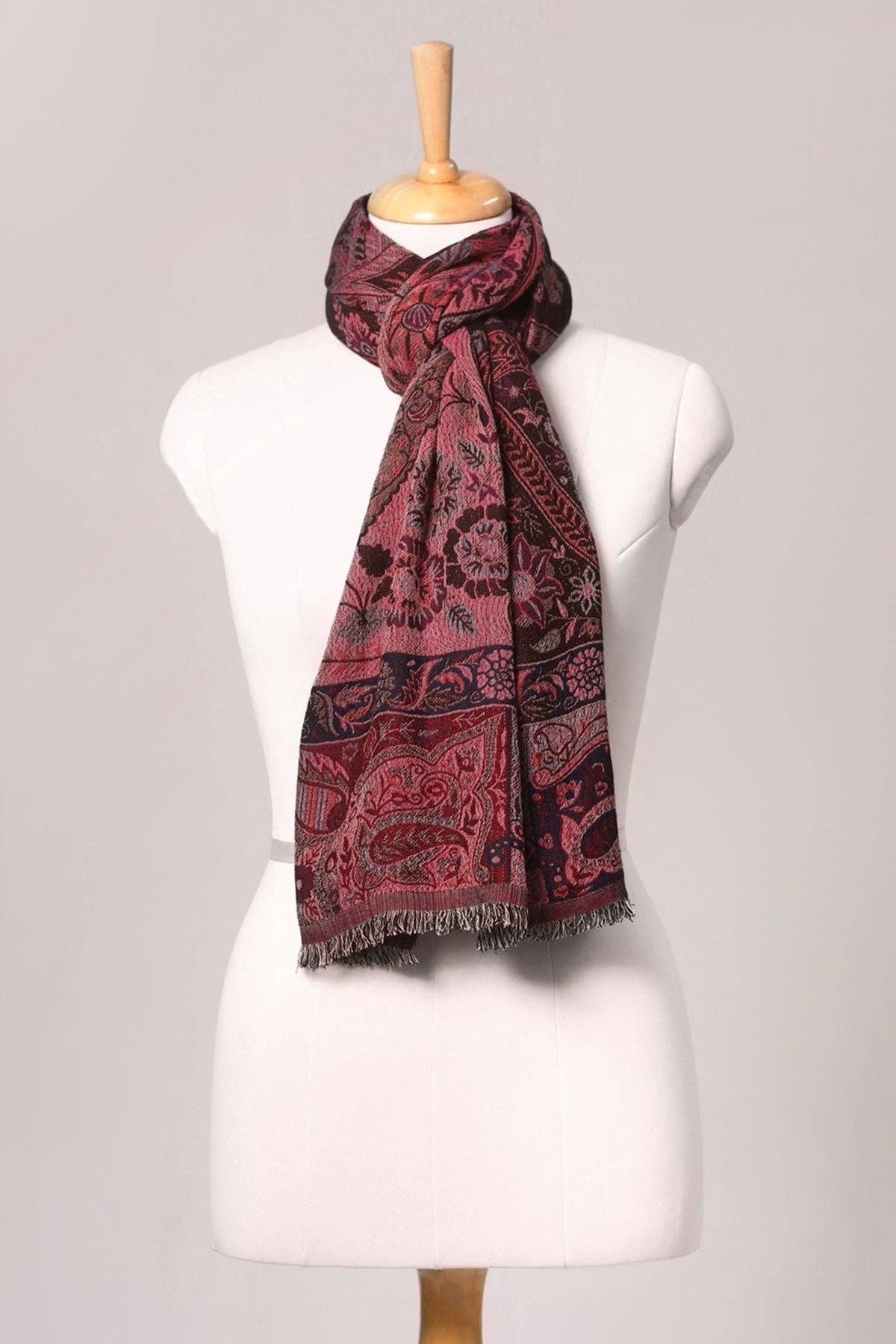SVEZElife - Wholesale Scarf - Women's - Dual Tone Paisley Jacquard Cotton Viscose Scarf - Magenta Brown | SVEŽElife2