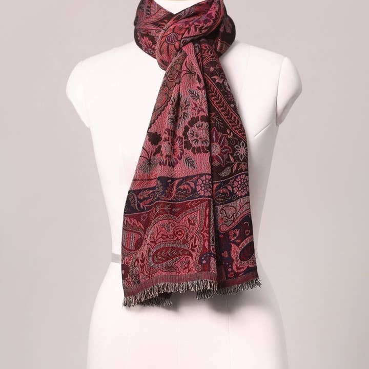 SVEZElife - Wholesale Scarf - Women's - Dual Tone Paisley Jacquard Cotton Viscose Scarf - Magenta Brown | SVEŽElife2
