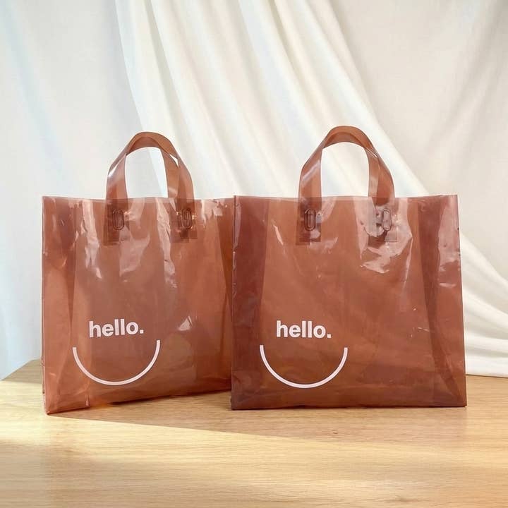 50pc, 3 sizes HELLO square brown red transparent PE gift bag for wholesale by ByHome