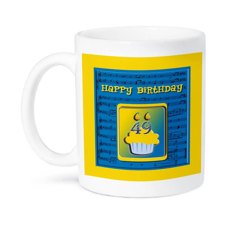 3dRose - Vendita all'ingrosso Tazza - 3dRose, Tazza con Cupcake per il 49° Compleanno su Note Musicali, Blu e Giallo8