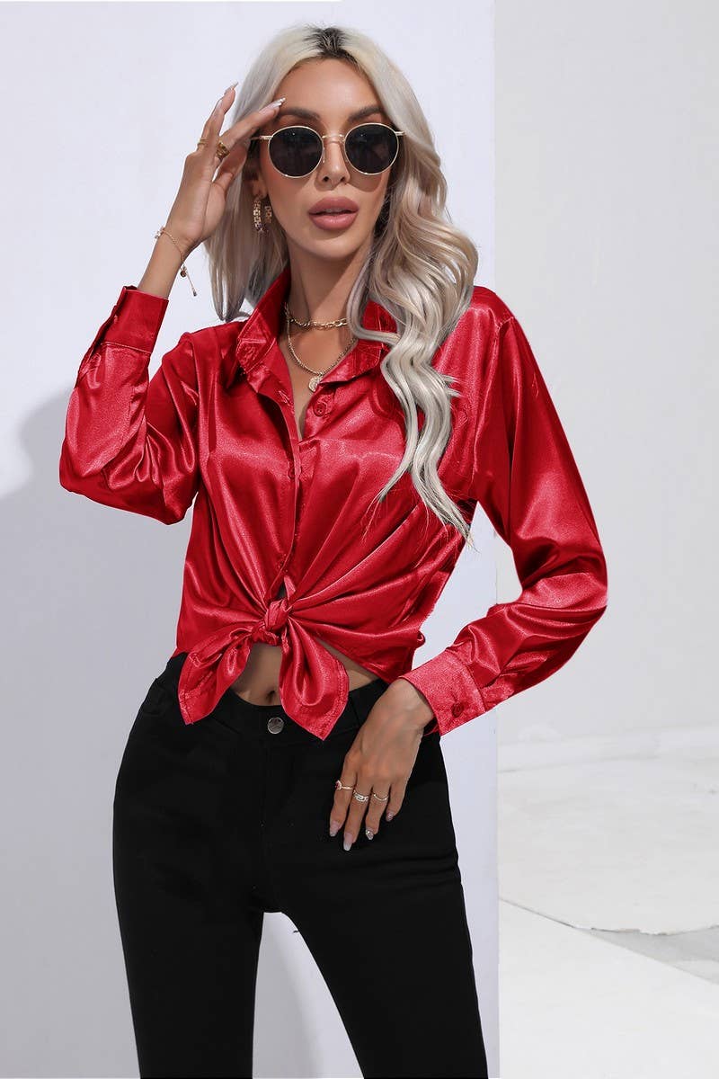 NINEXIS - Wholesale Button Down Shirt - Women's - CWTBLL0690_Button Down Silky Satin Long Sleeve Top63