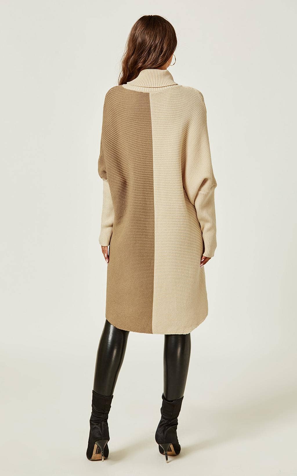 FS Collection (Germany) - Wholesale Tunic Sweater - Women's - High Neck Half Forest Beige & Taupe Block Colour Jumper Top6