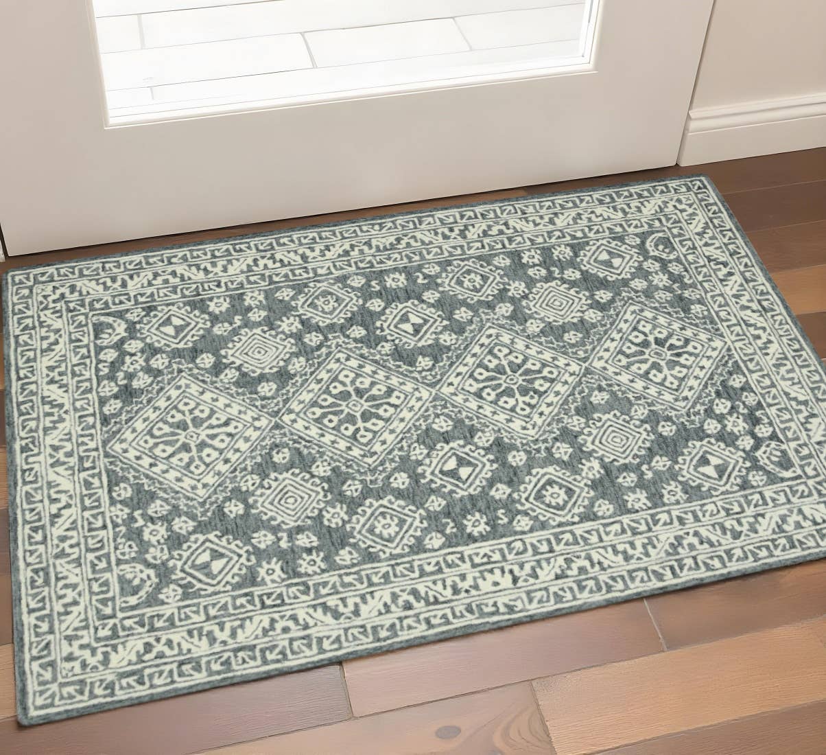 HomeRoots - Wholesale Area Rug - 2' X 3' Slate Gray And Ivory Wool Oriental Hand Hooked Area Rug1