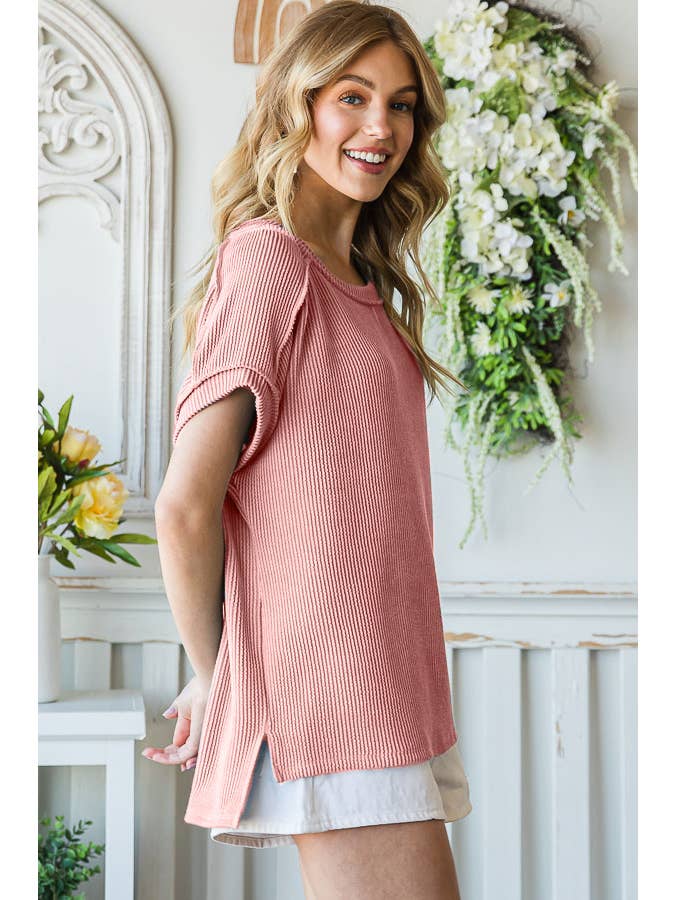 7th Ray - Venta al por mayor Túnica - Mujer - Top de manga corta con hombro caído, costilla sólida y abertura lateral T51606