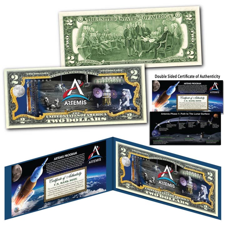 Artemis Missions Nasa Space Program Moon Autentiska Legal Tender US 2 Dollar Bill In Deluxe Vinyl Folio - Fartyg snabbt och gratis för wholesale av The Merrick Mint