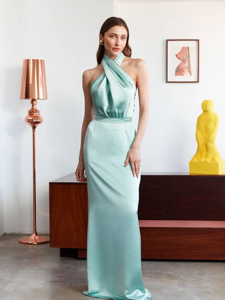 Aliur Mint Grøn Satin Aftenkjole for engroshandel hos UNDRESS