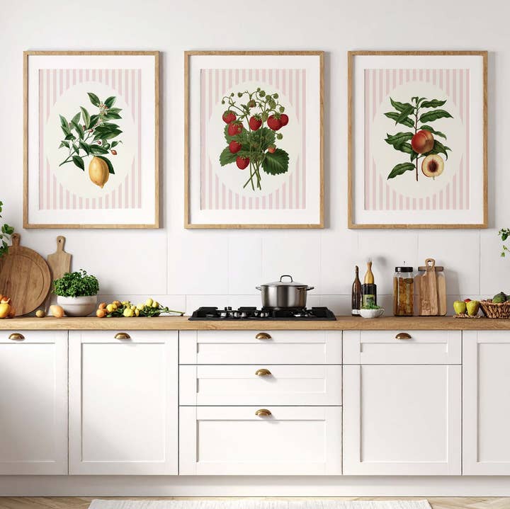 Newpencilbox Art - Wholesale Gallery Wall Set - Cottagecore Pink Fruit Trio – Botanical Kitchen Wall Art0