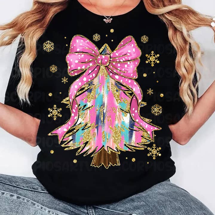 Colorful Pink Christmas Tree Shirt, Xmas Bow Sweater for wholesale by NVC Ecommerce LLC