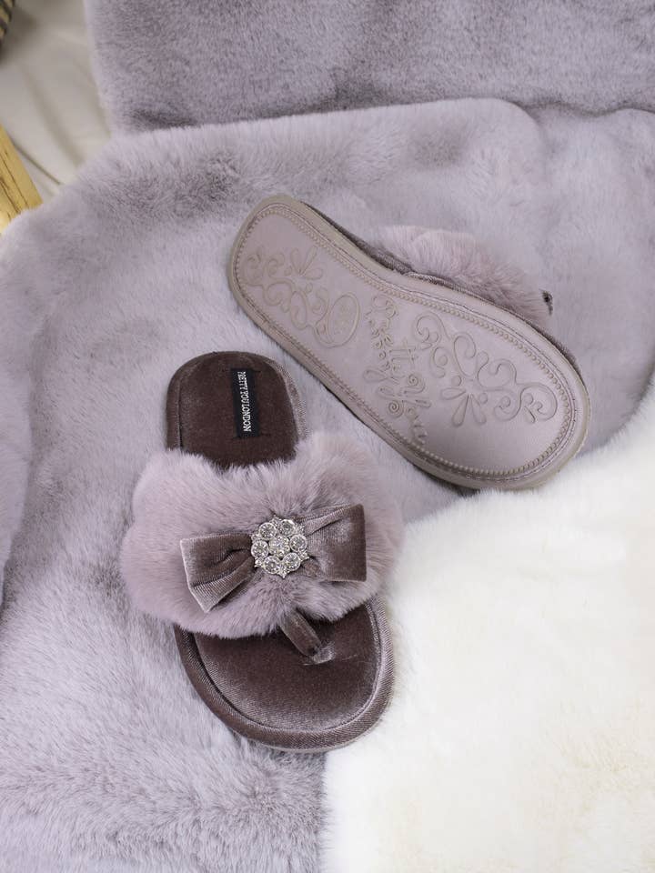 Amelie Embellished Toe Post Slippers in Mink for wholesale on Faire