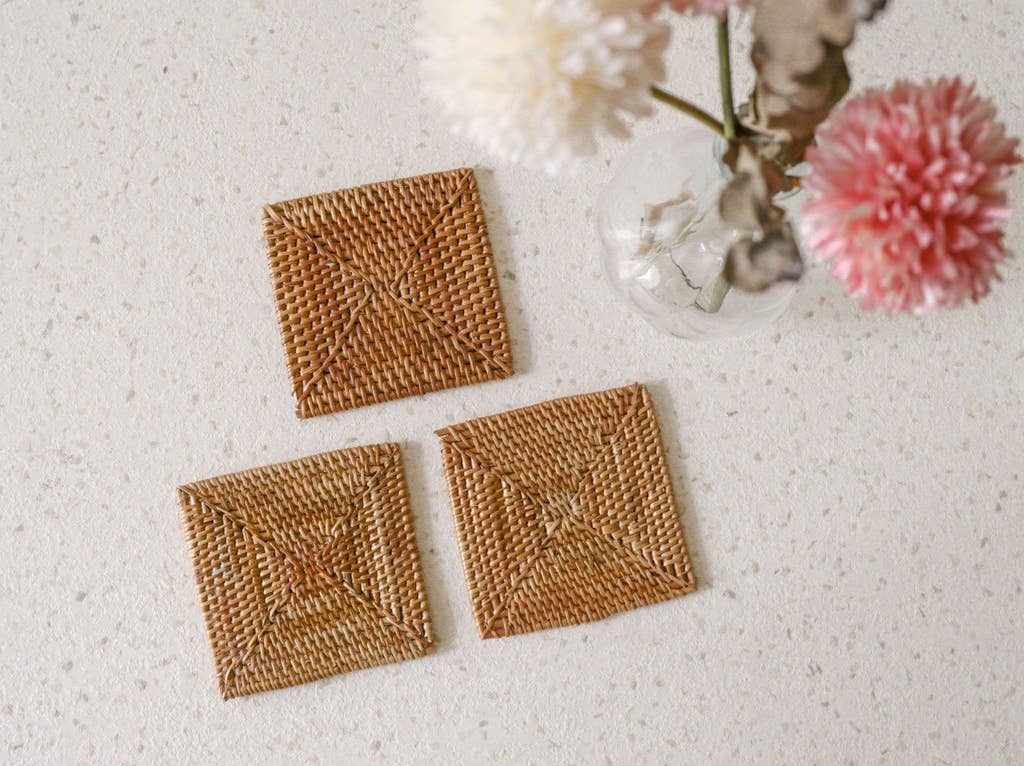 Bali Harvest - Wholesale Coasters - Square Rattan Coaster - Brown Boho Straw Raffia Wicker Drink