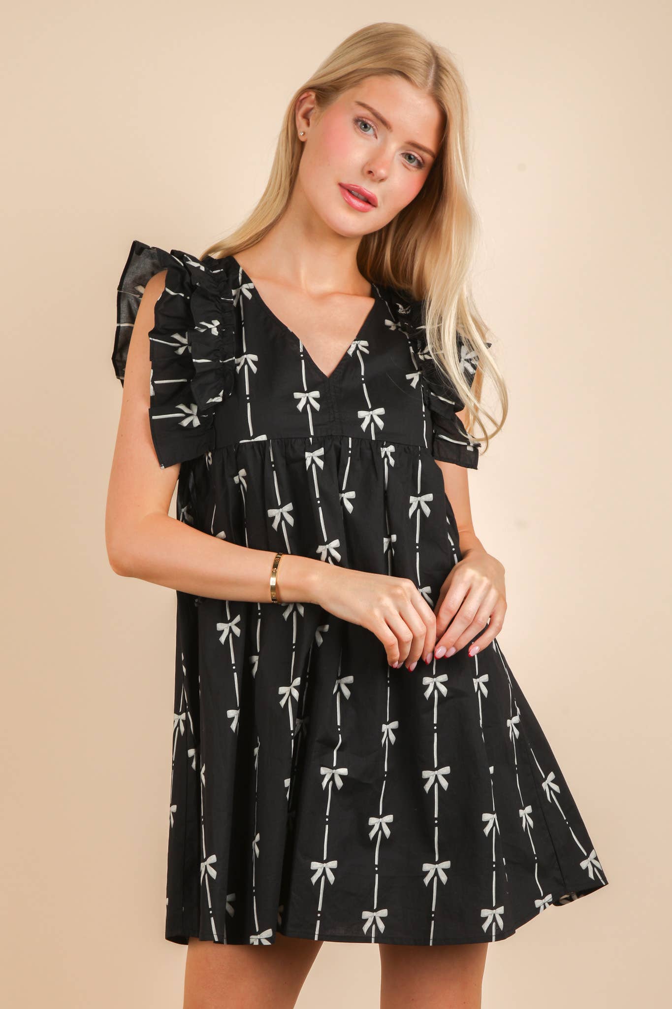 VERY J - Wholesale Dress - Women's - ND31668-Bow Printed Sleeveless Mini Dress0