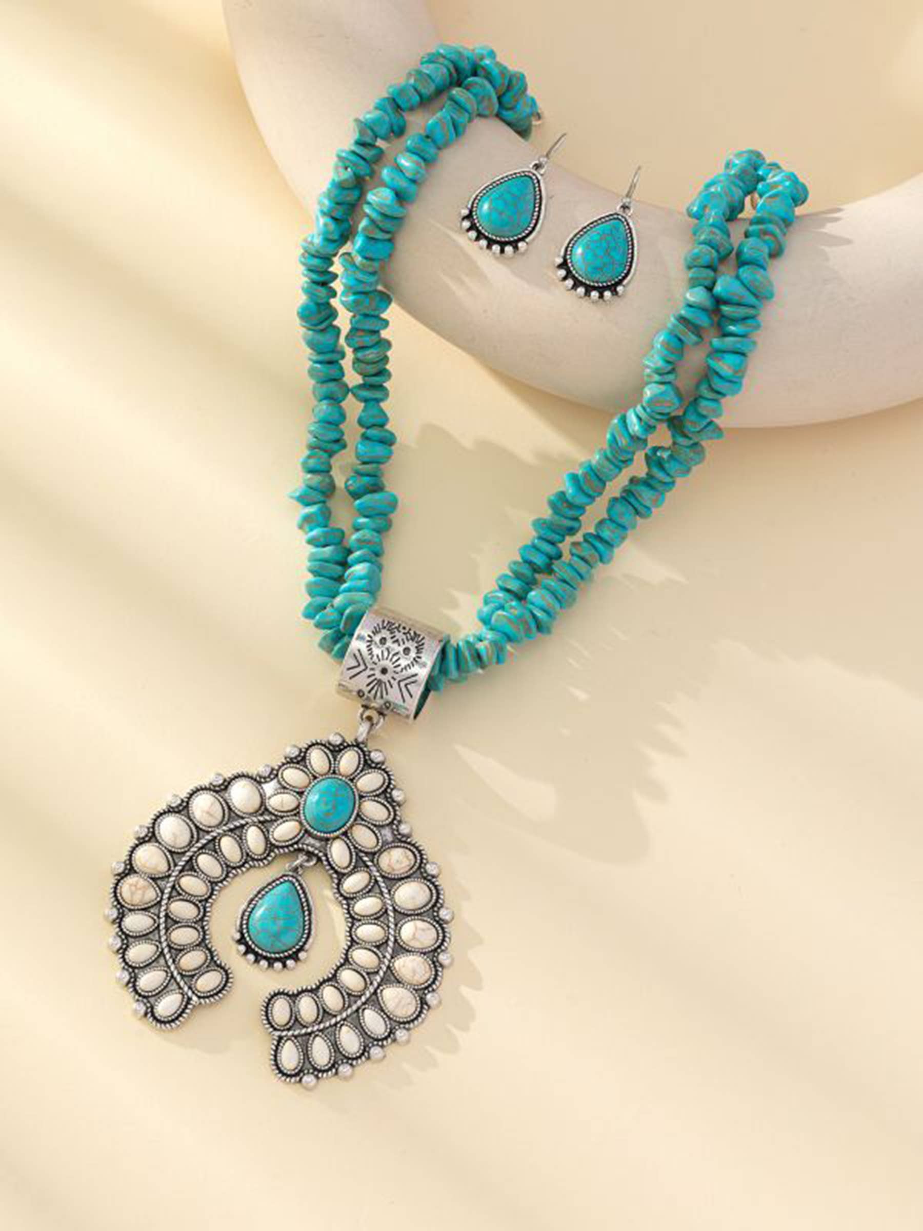Wholesalesir - Wholesale Jewelry Set - Round Flower Turquoise Pendant Alloy Earring Necklace3