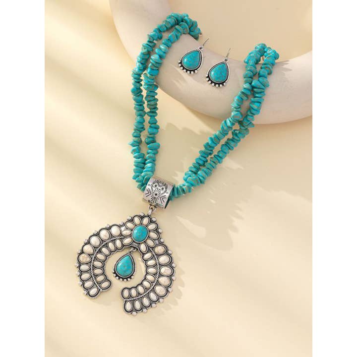 Wholesalesir - Wholesale Jewelry Set - Round Flower Turquoise Pendant Alloy Earring Necklace3