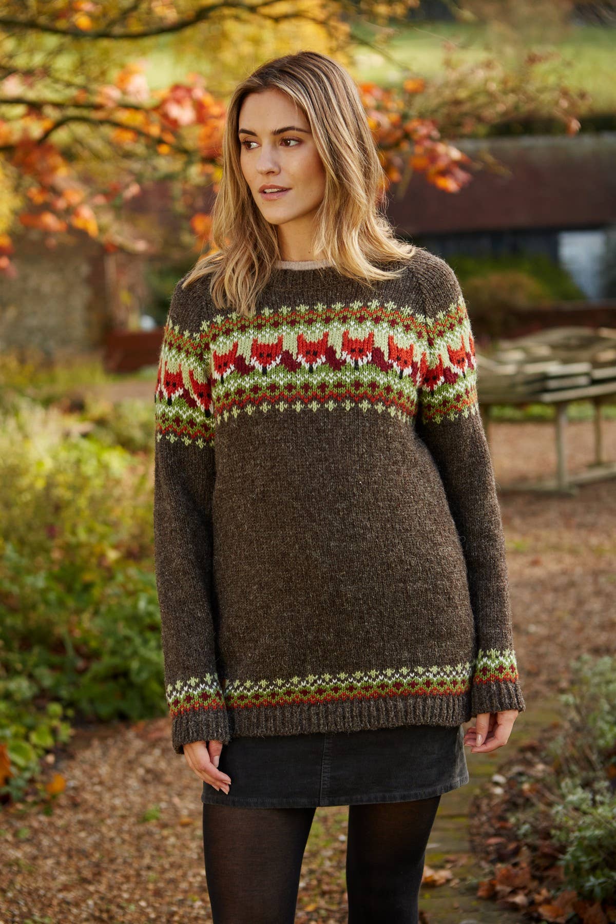 Pachamama Ltd - Wholesale Knit Sweater - Women's - Skulk of Foxes Fair Isle Wool Knit Animal Sweater Brown1