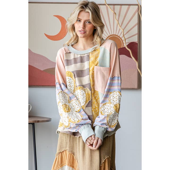 PINK COMBO DAISY PATCHWORK OVERSIZE LONG SLEEVE PULLOVER TOP for wholesale on Faire