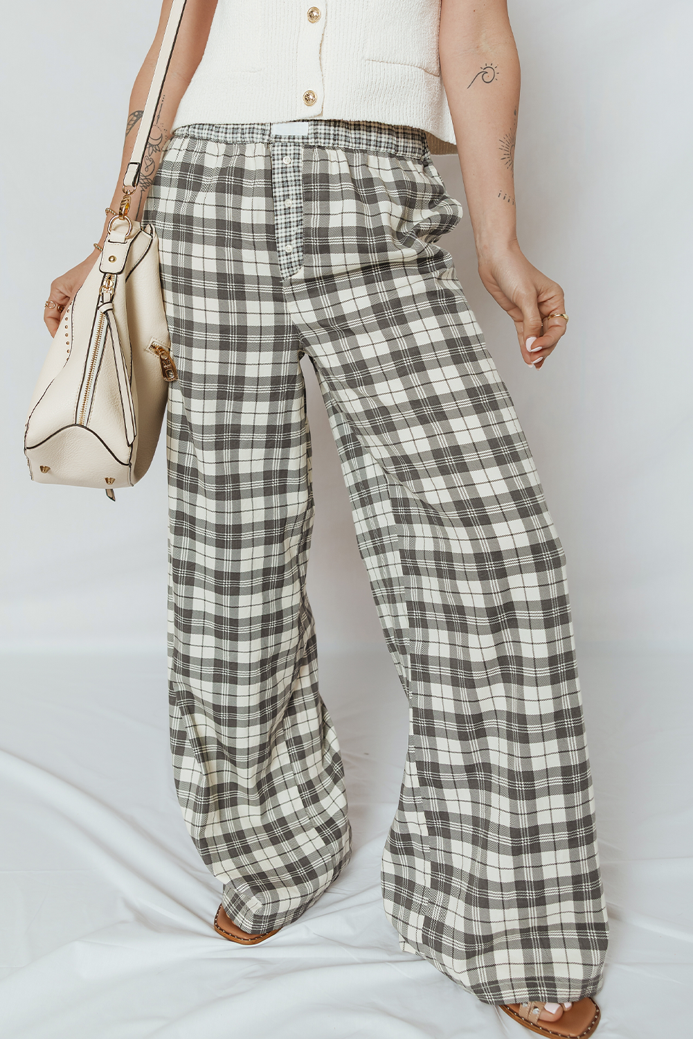 Gray Plaid Patchwork Wide Leg Pants for wholesale on Faire4