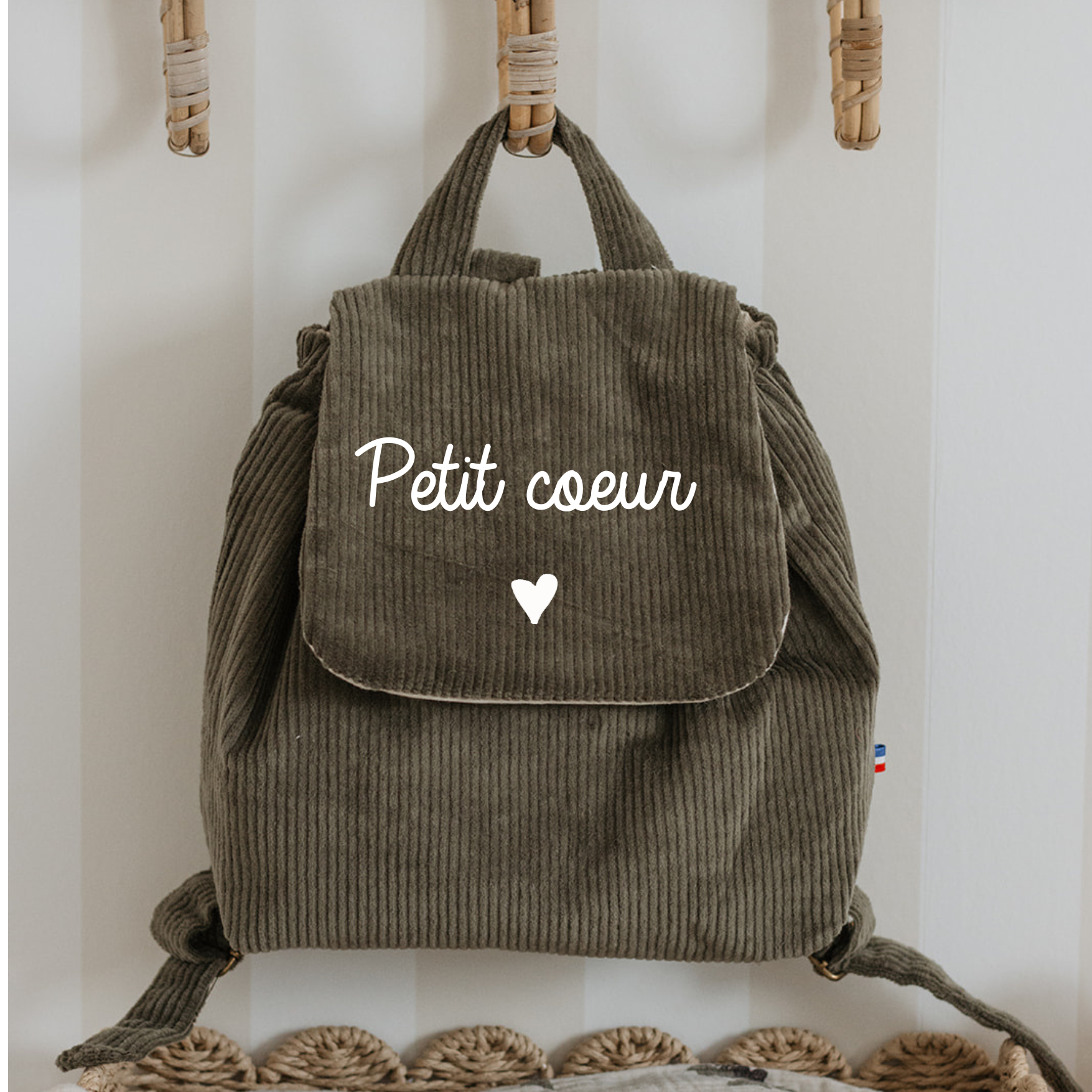 oh la la paris - Wholesale Backpack - Kids - Khaki corduroy backpack "Little heart"4
