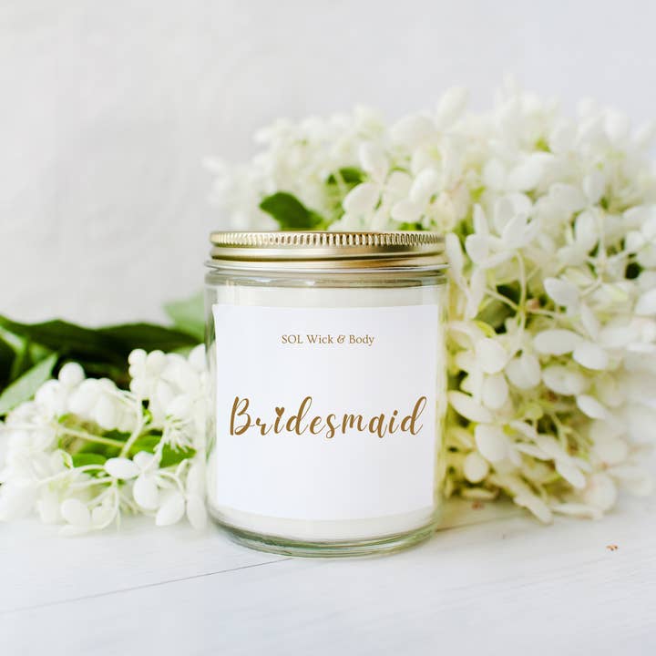 Bridesmaid 8 oz. Clear Jar Soy Candle for wholesale by Indiva Fragrance Studio